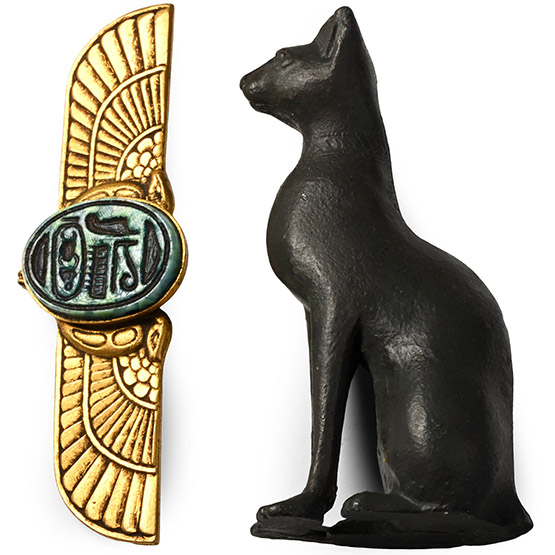 Egyptian Style Seated Bronze Cat and Gilt Brooch
