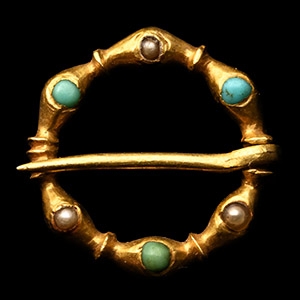 Medieval Gold Brooch with Turquoise and Pearls