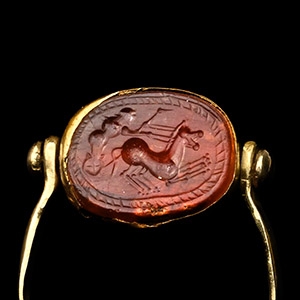 Etruscan Carnelian Scarab of a Charioteer in a Later Gold Ring
