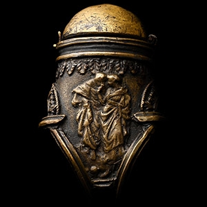 Renaissance Bronze Glove Ring with an Inkwell