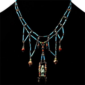 Egyptian Blue Faience Bead Necklace with Taweret