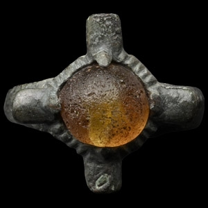 Migration Period Bronze Ring with Cross and Cabochon