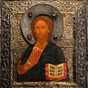 Painted Wooden Icon with Christ Pantocrator with Silver Basma