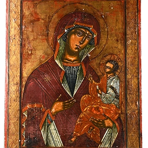 Large Painted Wooden Icon of Mother of God of Tikhvin