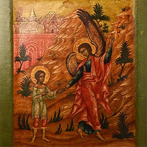 Painted Wooden Icon with Tobias and the Angel