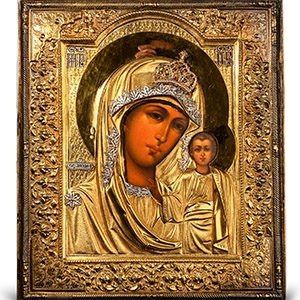 Russian Wooden Icon of the Virgin of Kazan with Silver-Gilt Riza