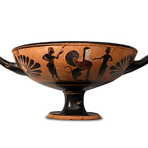 Greek Black-Figure Kylix with Warriors and Sphinxes