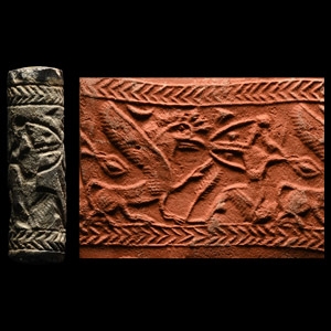 Neo-Assyrian Grey Stone Cylinder Seal with Kneeling God