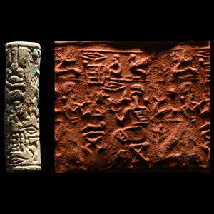 Middle Elamite Glazed Faience Cylinder Seal with Feasting Scene