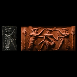 Akkadian Black Stone Cylinder Seal with Combat Scene