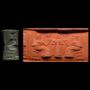 Akkadian Green Jasper Cylinder Seal with Seated Figures