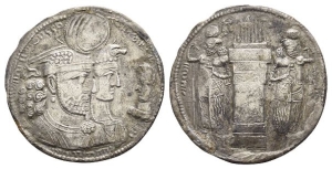 Sasanian Kingdom. Bahram II, with Queen and Prince 4 AR Drachm.