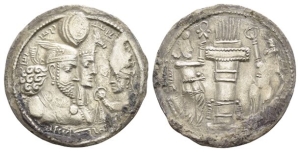 Sasanian Kingdom. Bahram II, with Queen and Prince 4 AR Drachm.