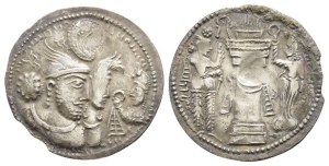 Sasanian Kingdom. Bahram II, with Queen and Prince 4 AR Drachm.