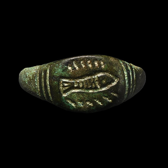 Merovingian Bronze Ring with Early Christian Fish Symbol