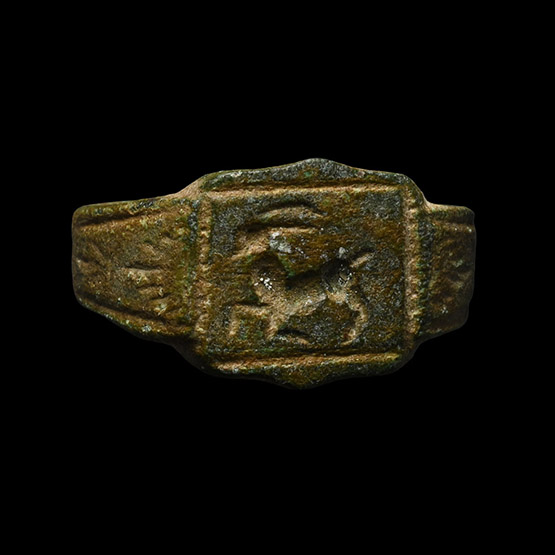 Medieval Signet Bronze Ring with Galloping Antelope