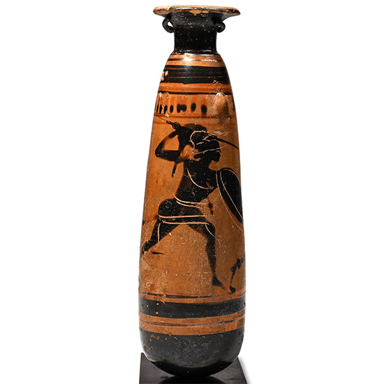 Greek Black-Figure Alabastron with Fighting Warriors