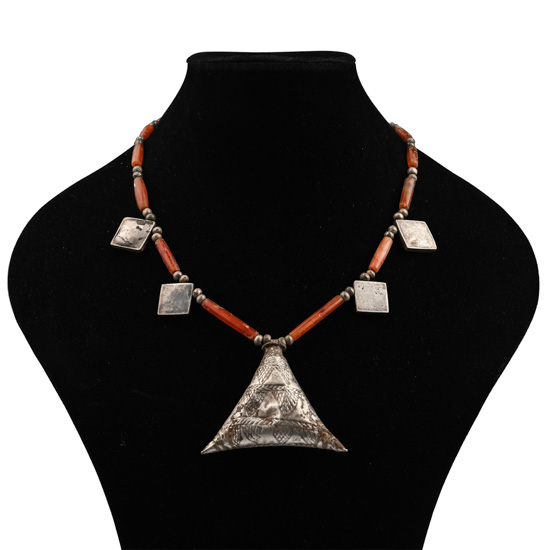Elamite Carnelian Necklace with Large Silver Triangular Pendant
