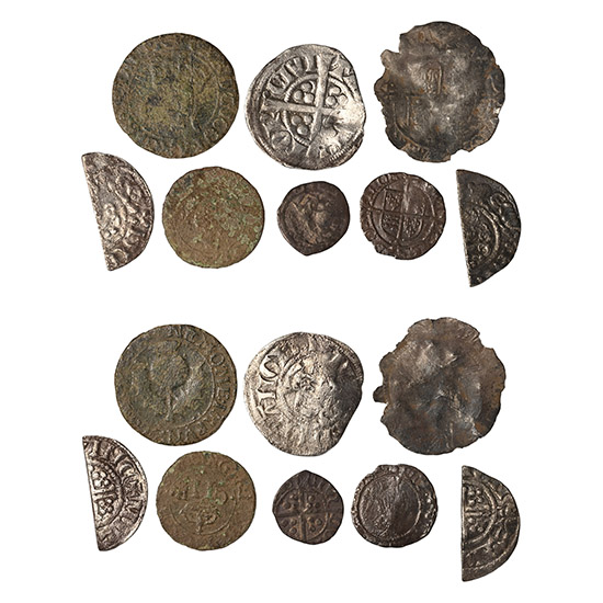 Group of Eight [8] English Medieval to Stuart Silver and Copper Hammered Coins.