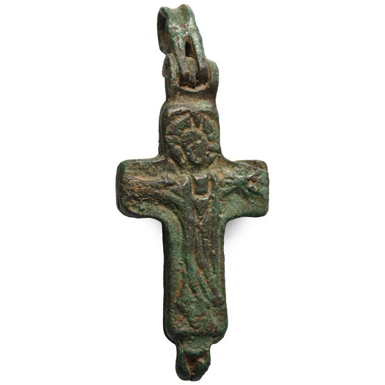 Reliquary Bronze Cross Pendant with Dark Age Inscription to Reverse