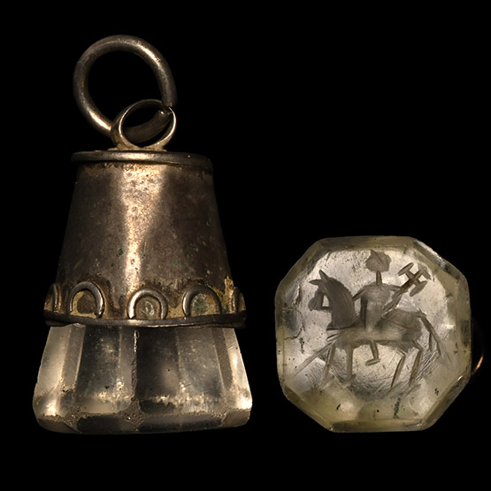 Byzantine Rock Crystal Stamp Seal in Silver Pendant with Military Saint on Horseback