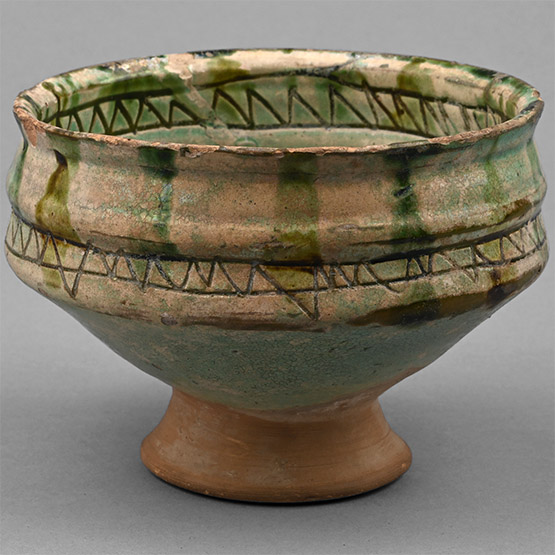 Byzantine Green Glazed Sgraffito Footed Bowl