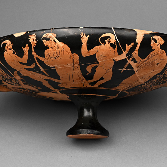 Greek Red-Figure Kylix with Dancing Nymphs and Satyrs