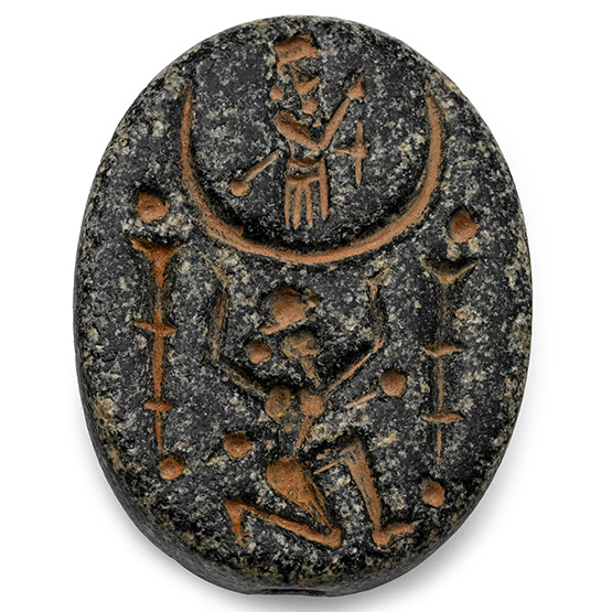 Large Western Asiatic Stone Scaraboid with King and Crescent Supports