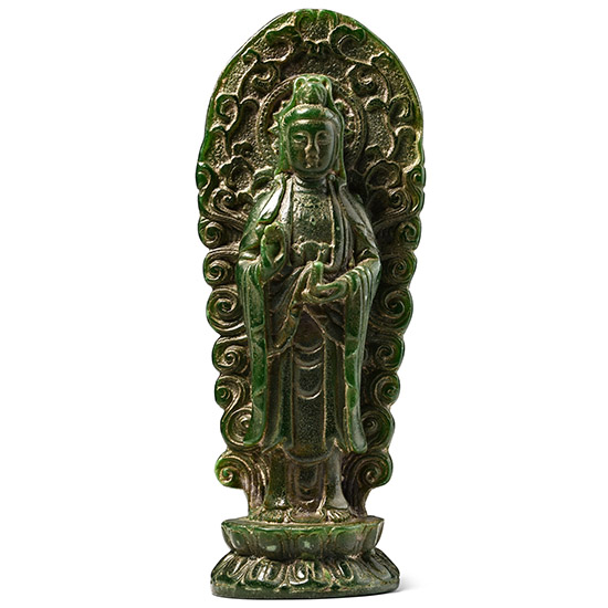 Chinese Green Glass Standing Figure of Guanyin, The Goddess of Mercy