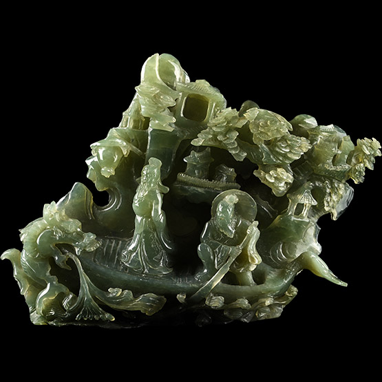 Chinese Bifacial Green Stone Carving of a Dragon Attacking a Boat