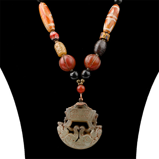Tibetan Stone and Glass Prayer Bead Pendant Necklace