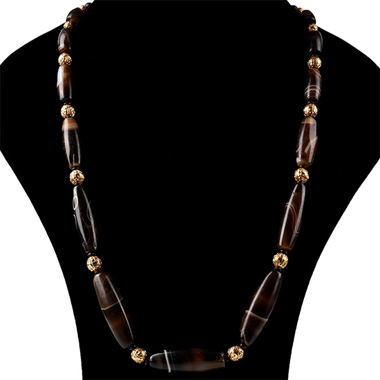 Tibetan Banded Agate and Gilt Prayer Bead Necklace