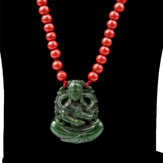 Tibetan Glass Prayer Bead Necklace with Jade Buddha Pendant