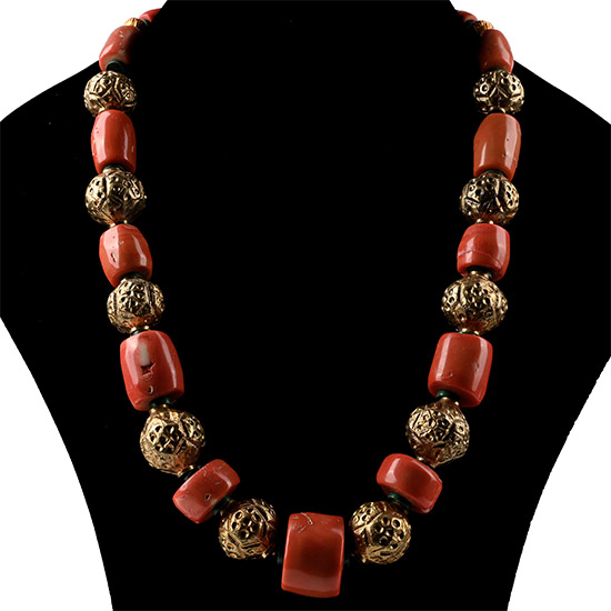 Tibetan Coral, Glass and Gilt Prayer Bead Necklace