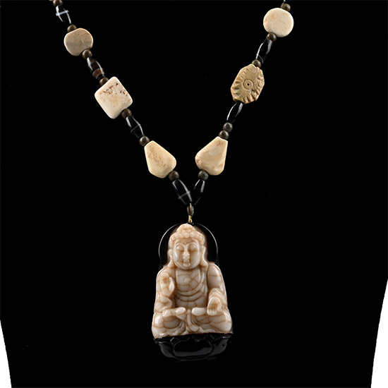 Tibetan Agate Prayer Bead Necklace with Glass Buddha Pendant