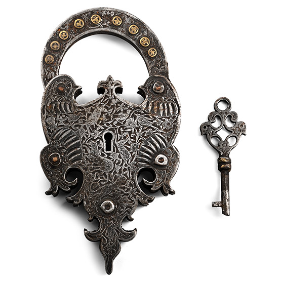 Large Western Asiatic Qajar Style Iron Padlock with Key