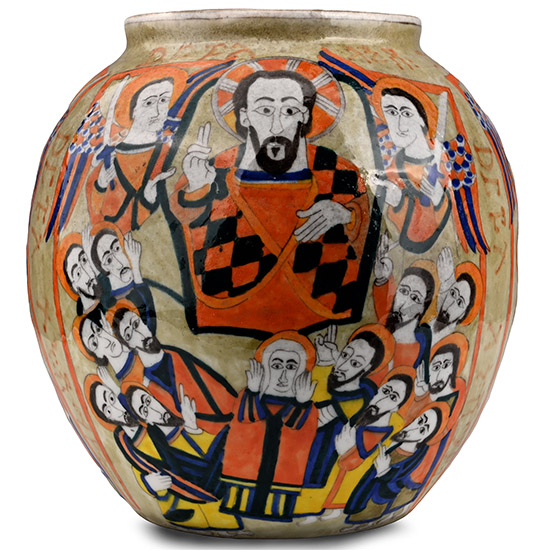 Large Armenian Glazed Ceramic Storage Vessel with Religious Scenes