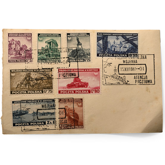 Poland. World War II Group of Eight [8] Stamps on Card.