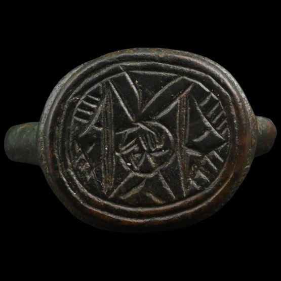 Medieval Decorated Bronze Ring with Magical Symbols