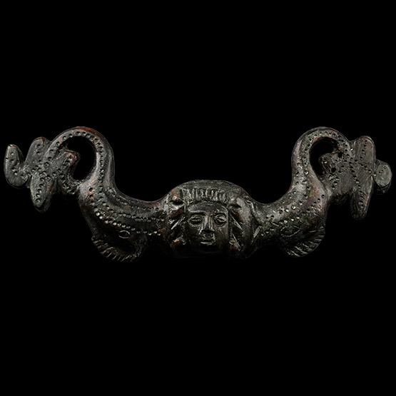 Roman Bronze Handle with Head of Medusa Between Dolphins