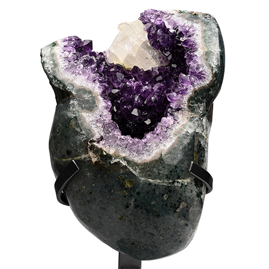 Polished Amethyst Crystal Geode Display with Calcite