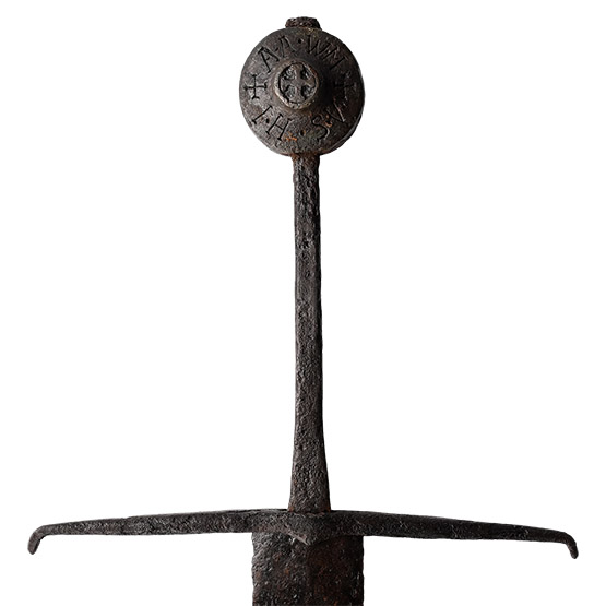 Medieval Knights Iron Hand-and-a-Half Sword with Inscribed Bronze Pommel