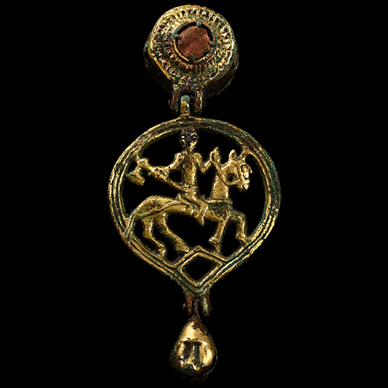 Medieval Knights Gilt Bronze Horse Harness Pendant and Hanger with Axe-Wielding Rider