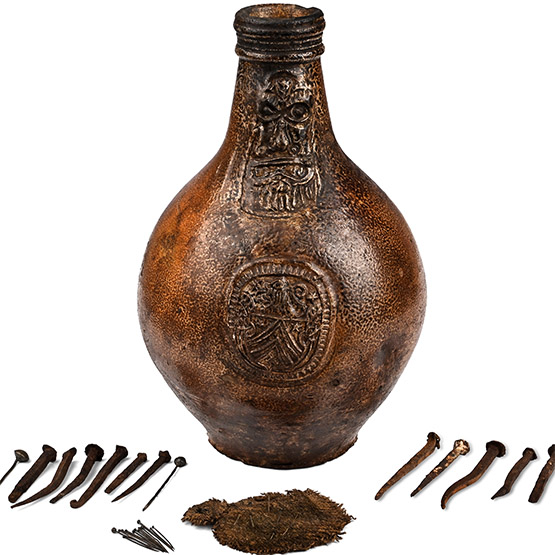 Very Large Glazed Bellarmine Witchs Bottle with Contents