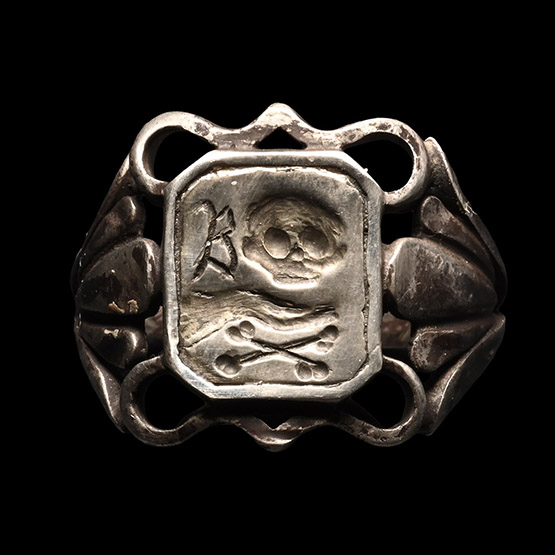 Post Medieval Silver Memento Mori Ring with Skull and Crossed Bones