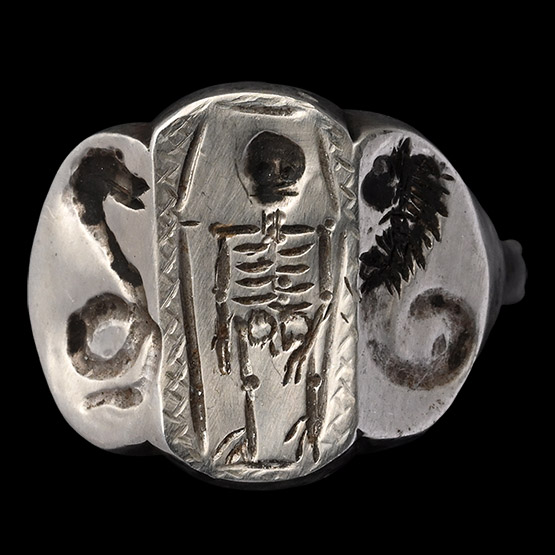 Post Medieval Silver Memento Mori Ring with Skeleton in Coffin Flanked by Rearing Snakes