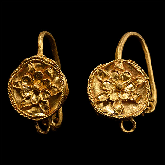 Greek Gold Earring Pair with Rosettes
