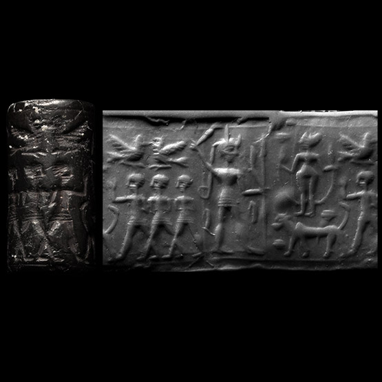 Syrian Stone Cylinder Seal with Storm God and Fertility Goddess