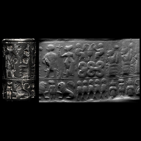 Syrian Haematite Cylinder Seal with Goddess and Drinking Scene