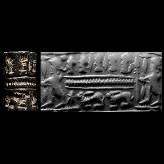 Syrian Black Stone Cylinder Seal with Heads and Animals